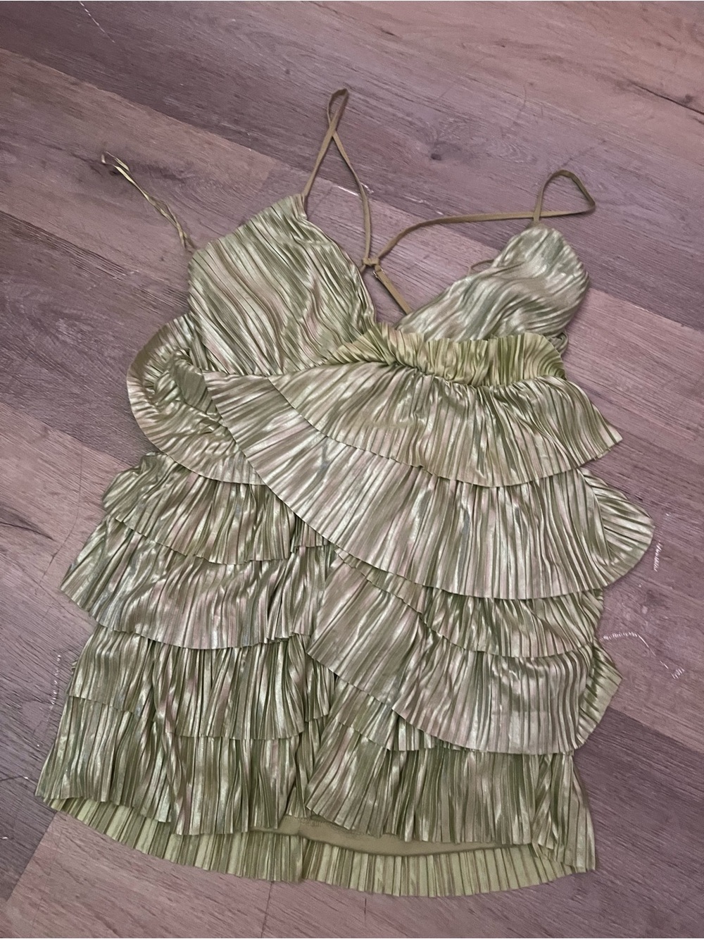 Luxxel Metallic Sage Green Tiered Ruffle Spaghetti Strap Dress